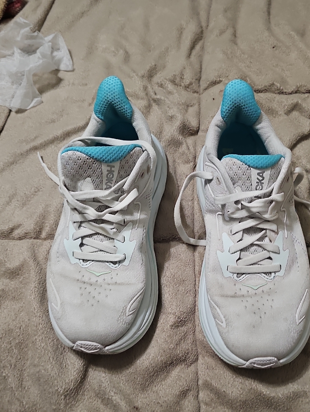 Hoka White Running Sneakers with Teal Lining